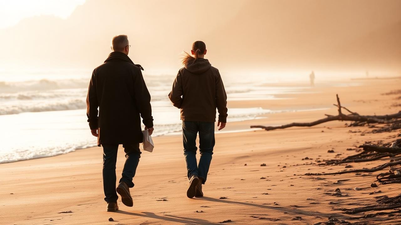 Two people walking together on a beach path
